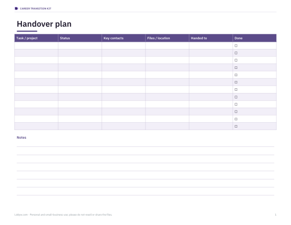 Preview of Printable Handover Plan Worksheet
